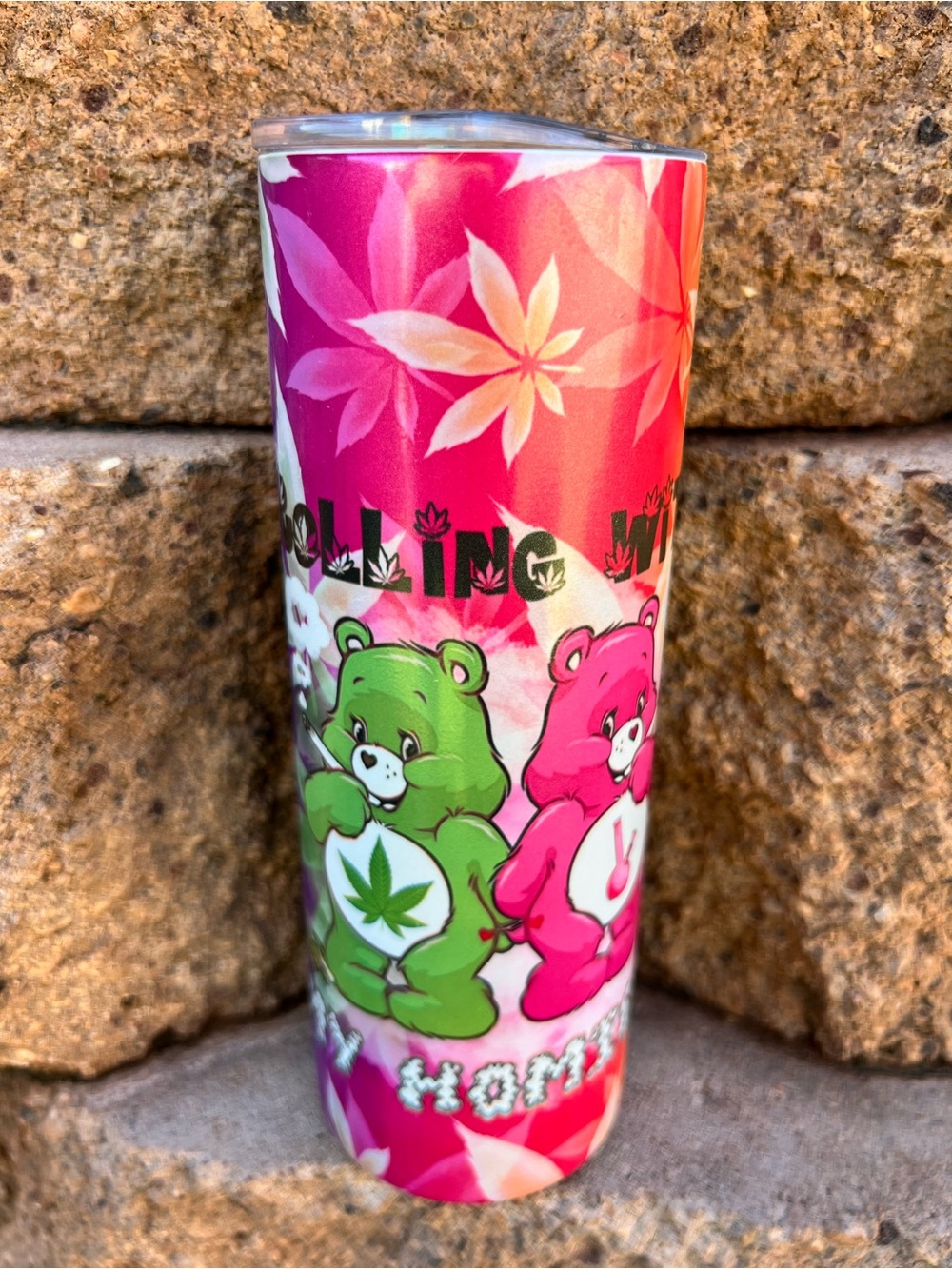 Rolling With My Homies Pink & Green care bear Tumbler cannabis 20 oz stainless